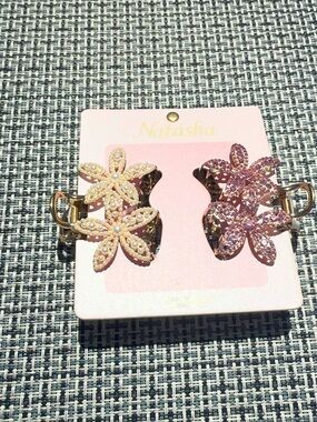 Natasha Couture Pearl & Pink Crystal Flower Hair Clips